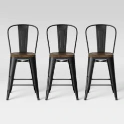 Set Of 3 Carlisle Backed Counter Height Barstool With Wood Seat Matte Black - Threshold™