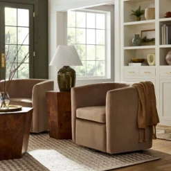 Vernon Upholstered Barrel Swivel Chair Light Brown Velvet - Threshold⢠Designed With Studio McGee